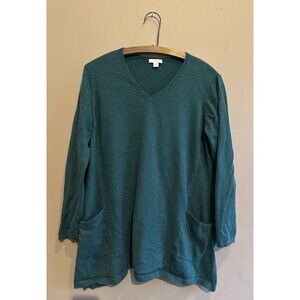 J Jill Size Medium Cotton Cashmere Blend Knit Tunic w/pockets Green V-neck Soft